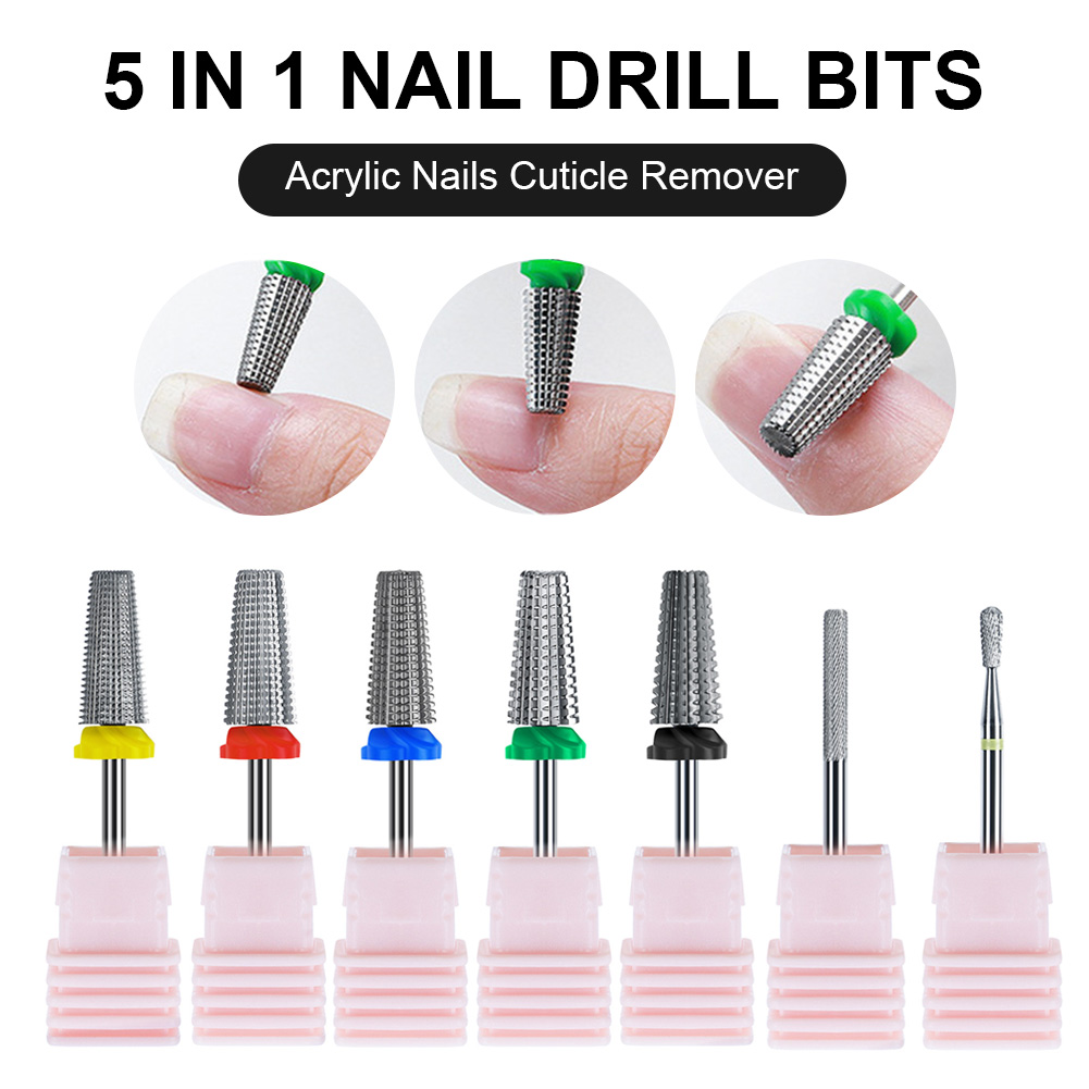 Brocas para uñas 5 en 1, removedor de cutículas de acrílico, broca de acero de tungsteno, herramienta de manicura y pedicura para salón de casa