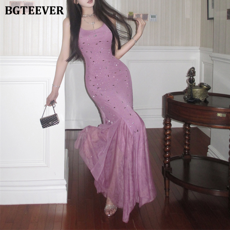BGTEEVER Women Sleeveless Mermaid Dress Summer Slim Waist Female Spaghetti Strap Package Hip Dress Ladies Vestidos