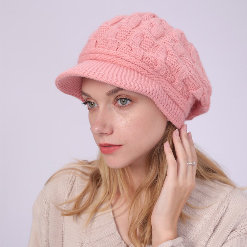 GOPLUS-gorro de lana con visera para mujer, gorro de lana de punto, para mantener el calor, Czapka, Zimowa, Viseiras, C11294: Rosa