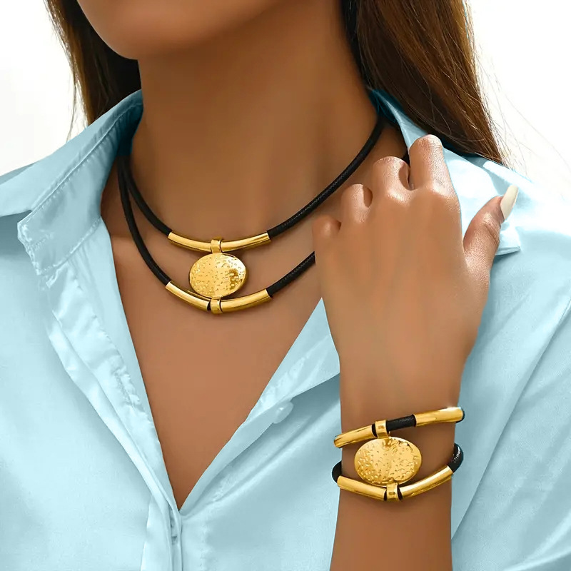 Conjunto de 2 uds. De joyería bohemia de en capas Vintage, accesorios de joyería geométrica, colgante, collar, pulsera, conjunto para mujer: Rodio plateado