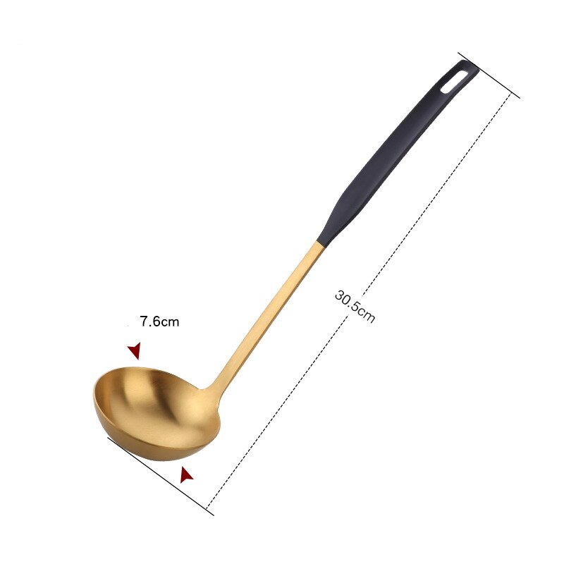 304 Stainless Steel Home Pot Soup Spoon Colander Tableware Long Handle Cooking Utensils Porridge Mixing Spoons Kitchen Ladle: 30cm Black Spoon