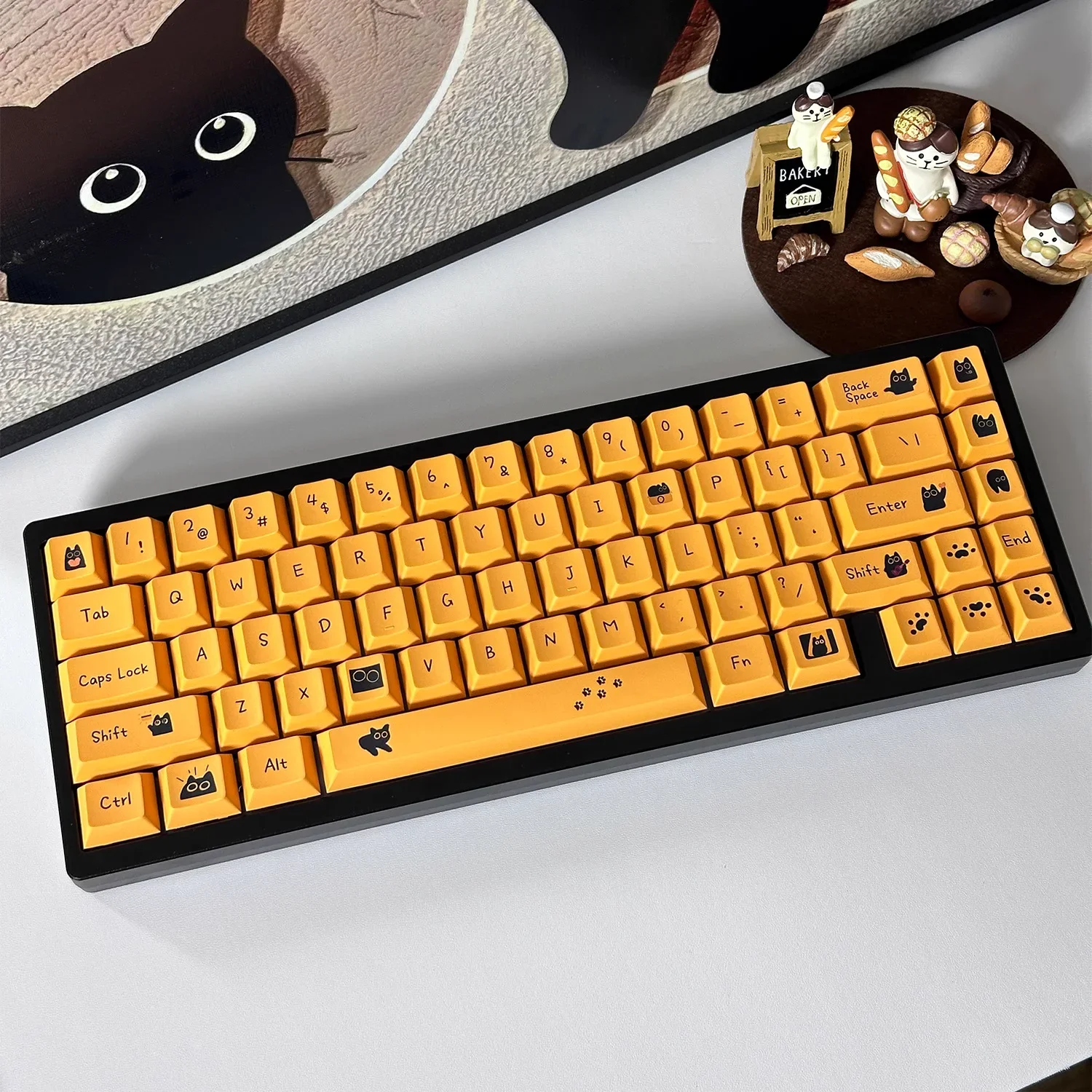 Black Cat Cherry Keycap Set 120-toetsen PBT Leuke oranje zwarte Cat Keycaps voor mechanische toetsenborden