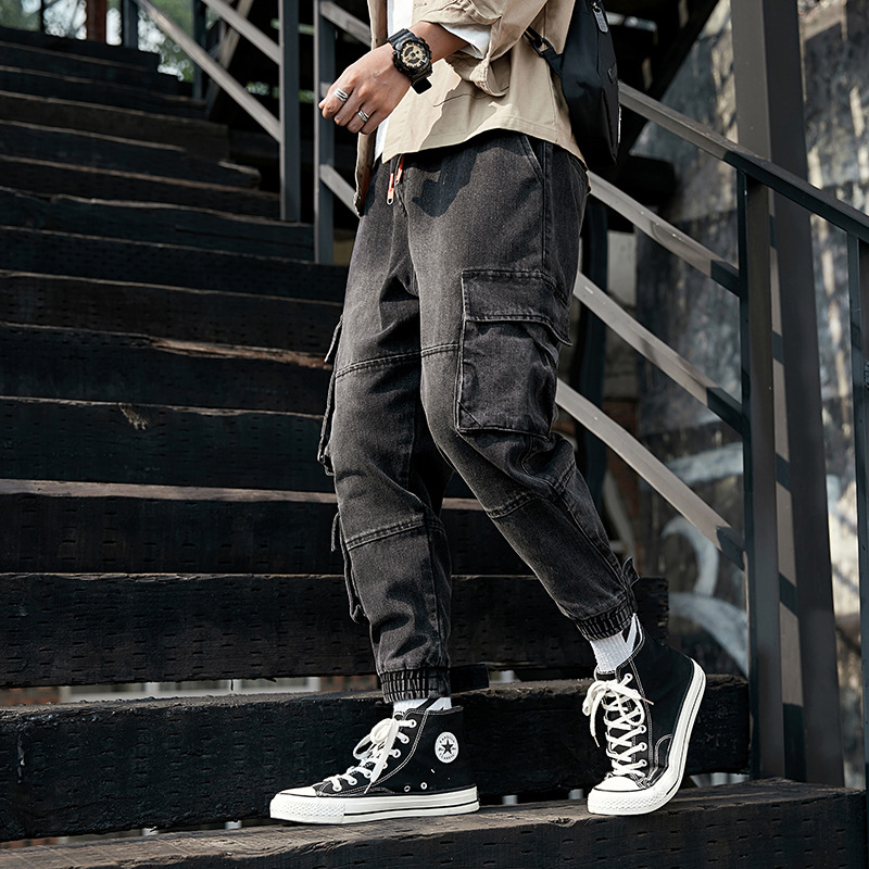 Pantalones vaqueros cargo estilo urbano de idopy para hombre, con puños en los tobillos, estilo hip hop, con múltiples bolsillos, estilo joggers de mezclilla, talla grande m -4xl