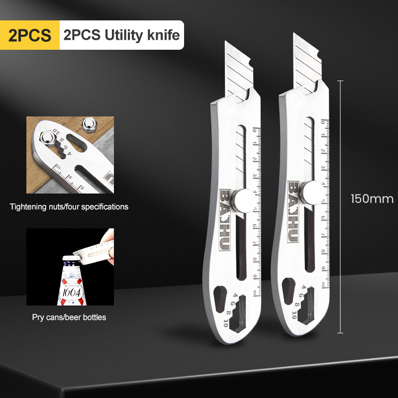 6 in 1 Stainless Steel Utility Knife Multi-Function Opener Retractable Box Cutter Portable Office Home Courier Unboxing Knifes: Orange