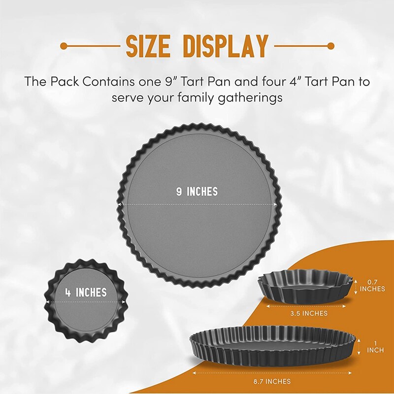 Set of 5 Tart Pan - Includes 9 Inch Tart Pan with Removable Bottom &amp; 4 Inch Mini Tart Pans - Non Stick Quiche Pan