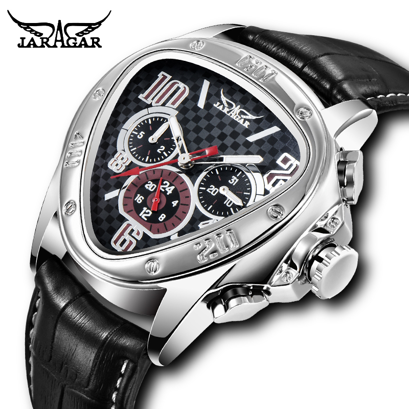 Jaragar-reloj mecánico automático para hombre, cronógrafo con correa de cuero, esfera triangular única, deportivo, Masculino