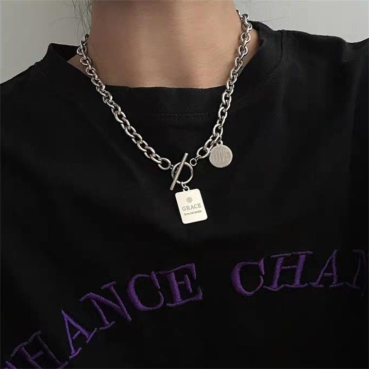 HUANZHI Minimalist Punk Titanium Steel Hip Hop Letter Rectangle Round Pendant Metal Necklace for Women Men Couple: 16