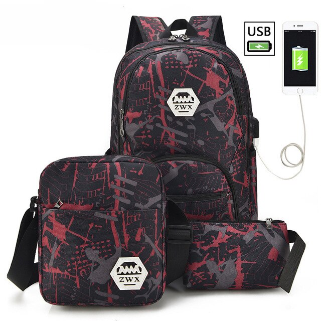 3 pièces/ensemble USB mâle sacs à dos lycée sacs pour femmes garçons une épaule grand étudiant voyage sac hommes école sac à dos mochila: red1