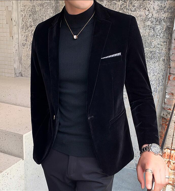 Wine Navy Velvet Men's Jacket dress Men Wedding Suit Male Blazers Slim Fit Suits for Mens Costume Business Formal Party Blazer: Black / Size XL 60 to 65 kg
