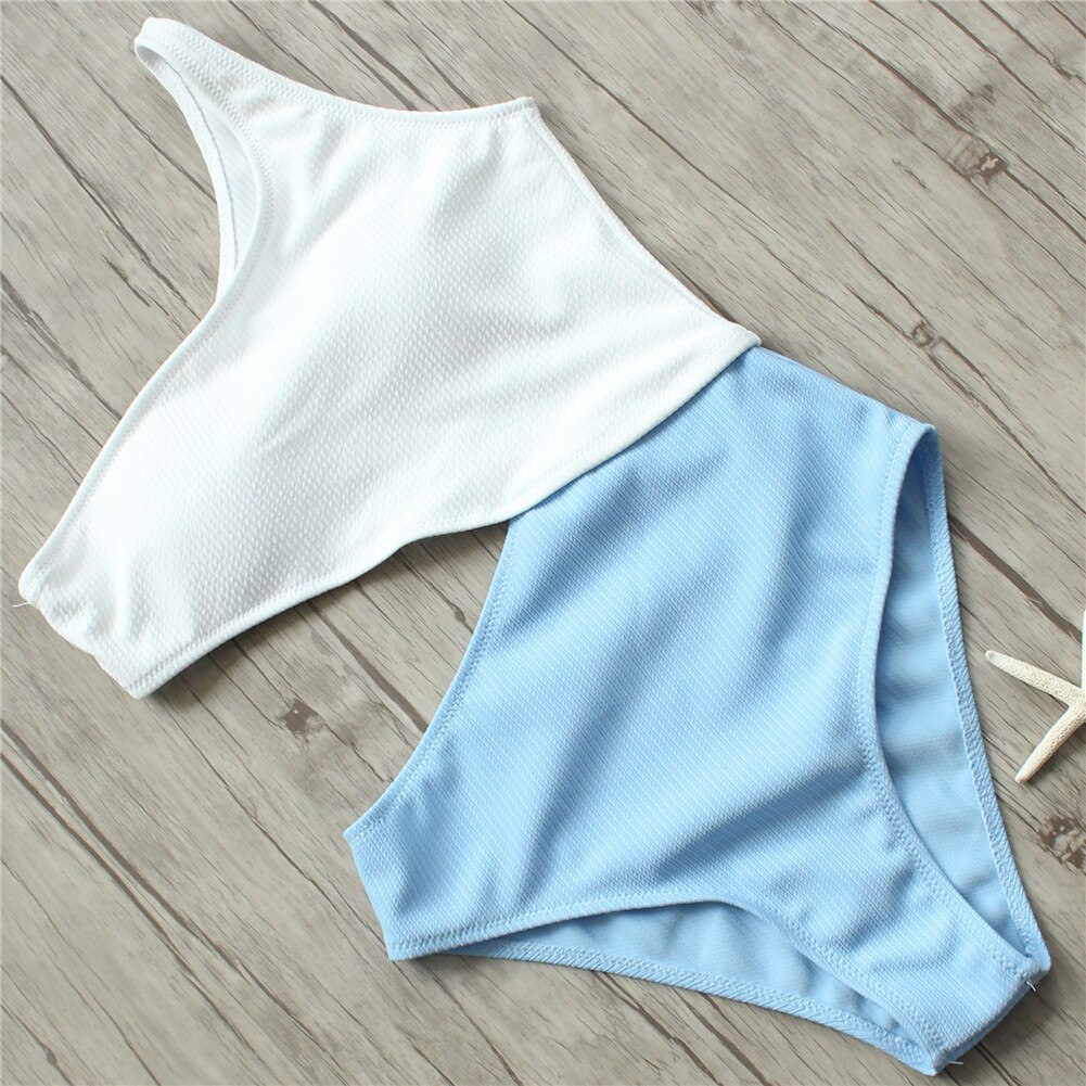 Sexy White Yellow High Waist Cut Out Trikini Ribbed Bathing Suit Monokini Asymmetric Shoulder Swimwear Women One Piece Swimsuit: blue bodysuit / S