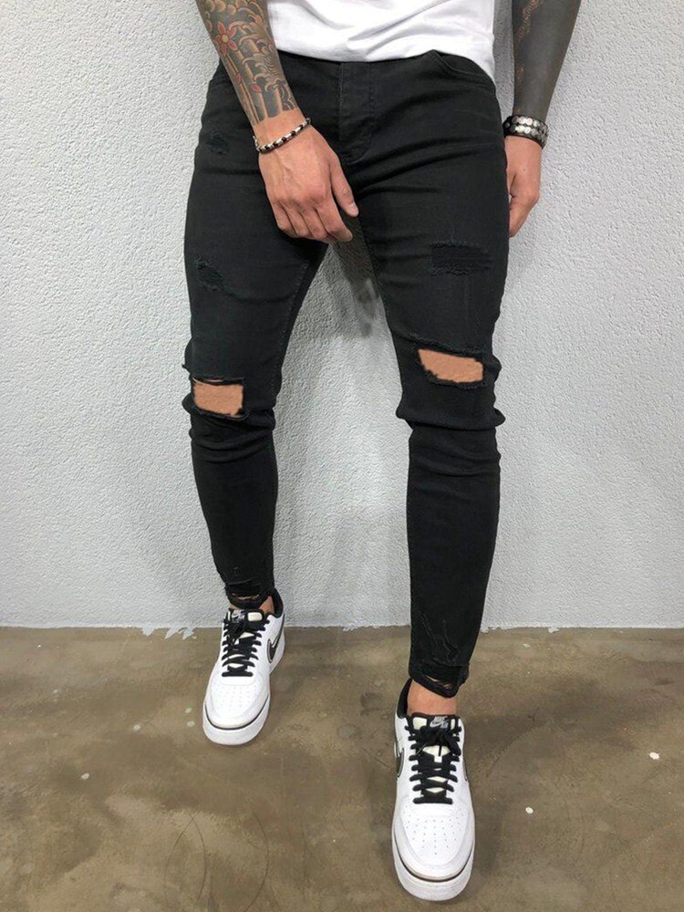 Homme déchiré crayon Pantalon Slim Denim couleur Pure motard jean détruit trou Hip Hop Slim homme rayé jean Hombre Pantalon