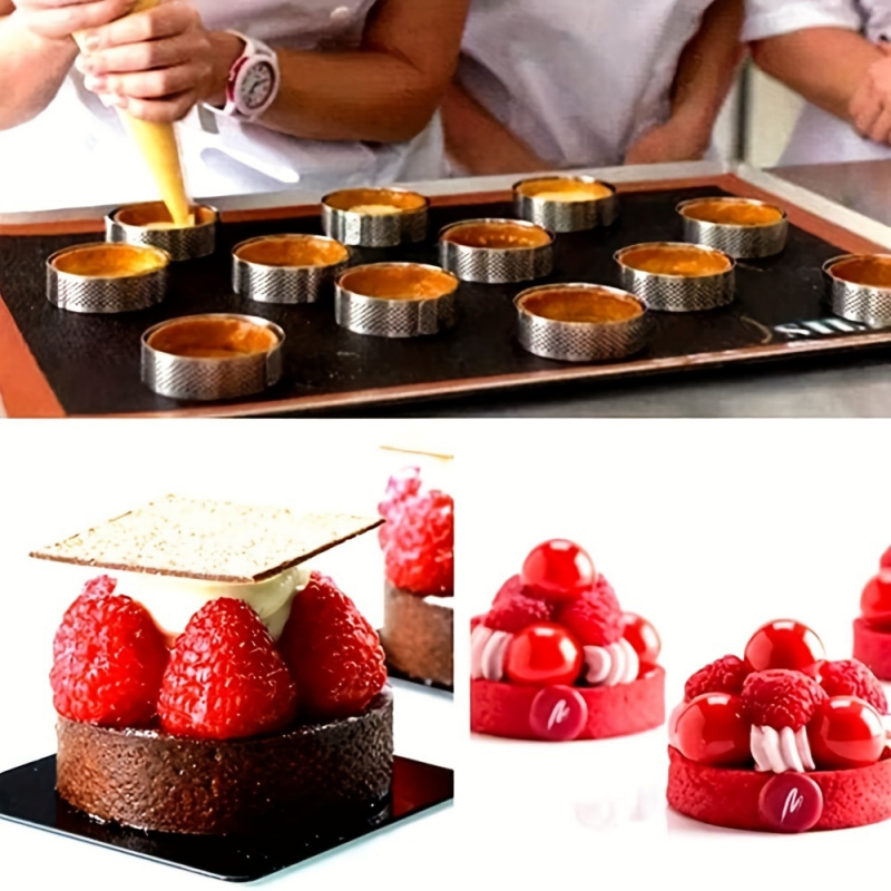 Sæt med  of 12 runde tærteringe i rustfrit stål - perforerede forme til mousser og desserter, udstikkere, frugttærteforme