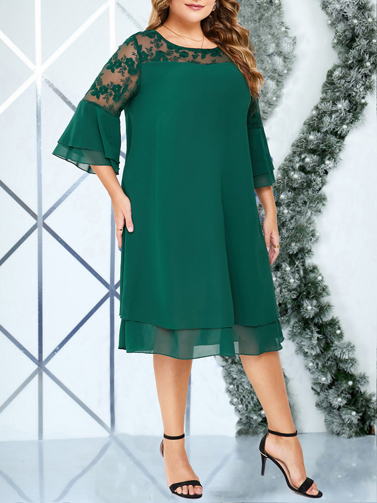 GIBSIE Plus Size Embroidered Mesh Patchwork Chiffon Dress Women Spring Summer O-Neck Flared Sleeve Layered Midi Dresses
