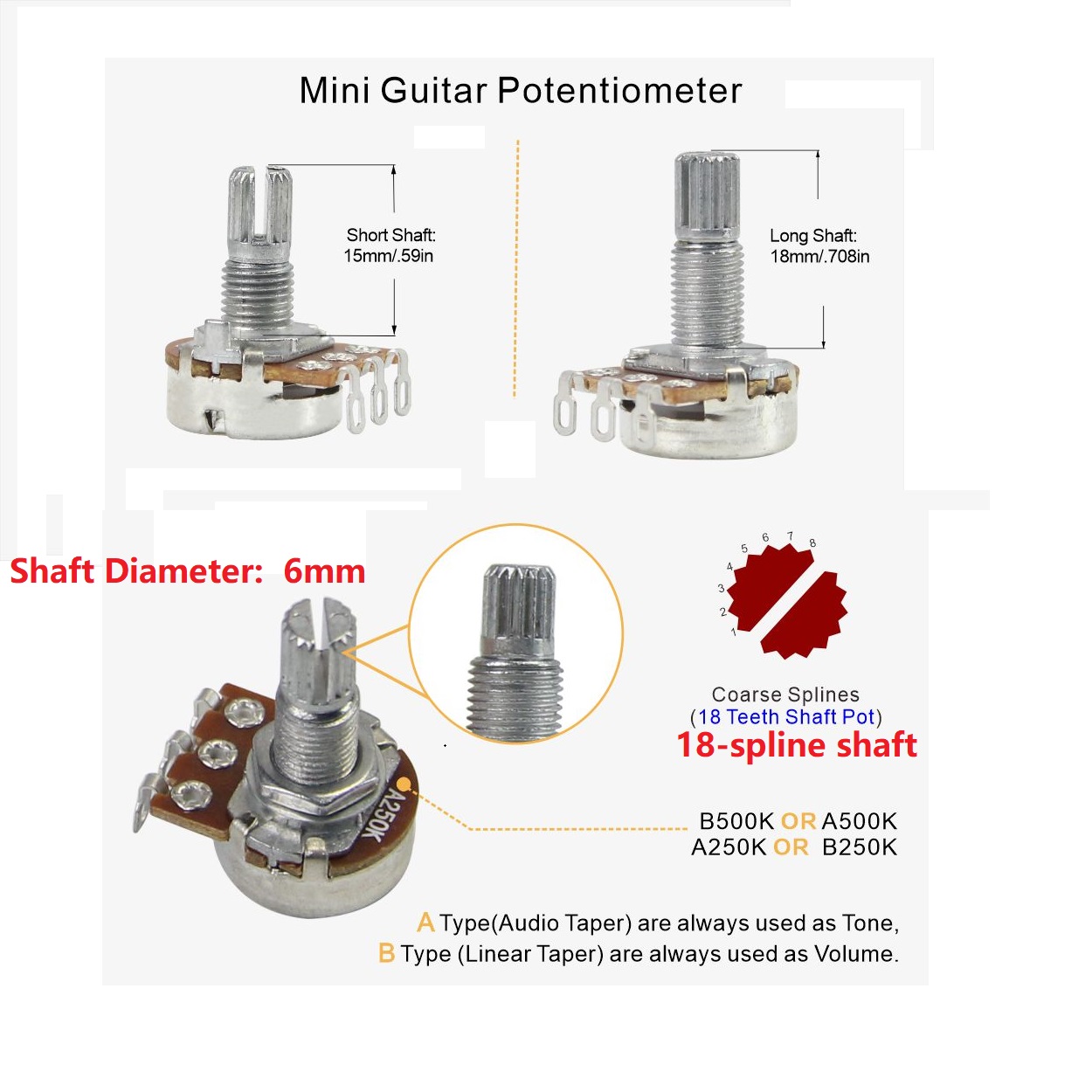 Fleor 8 stück Mini-Potentiometer für e-gitarre und Bass, 250k /500k potis , 18- Keil-gitarrenteile