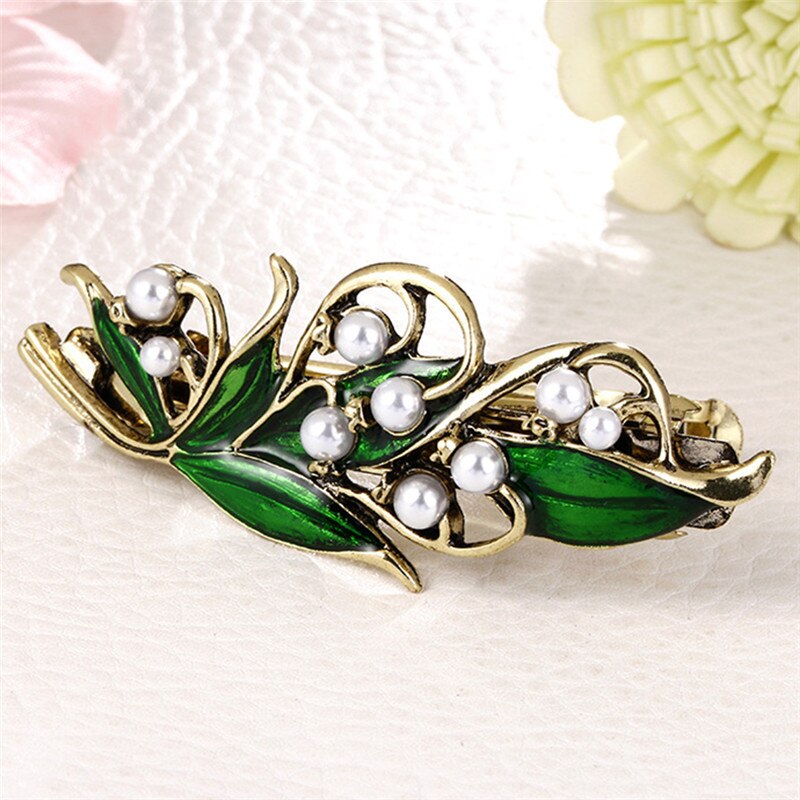 Exquisite Elegante Retro Emaille Groen Blad Parel Haar Clip Clamp Haarspeld Vrouwen Meisjes Haar Accessoires