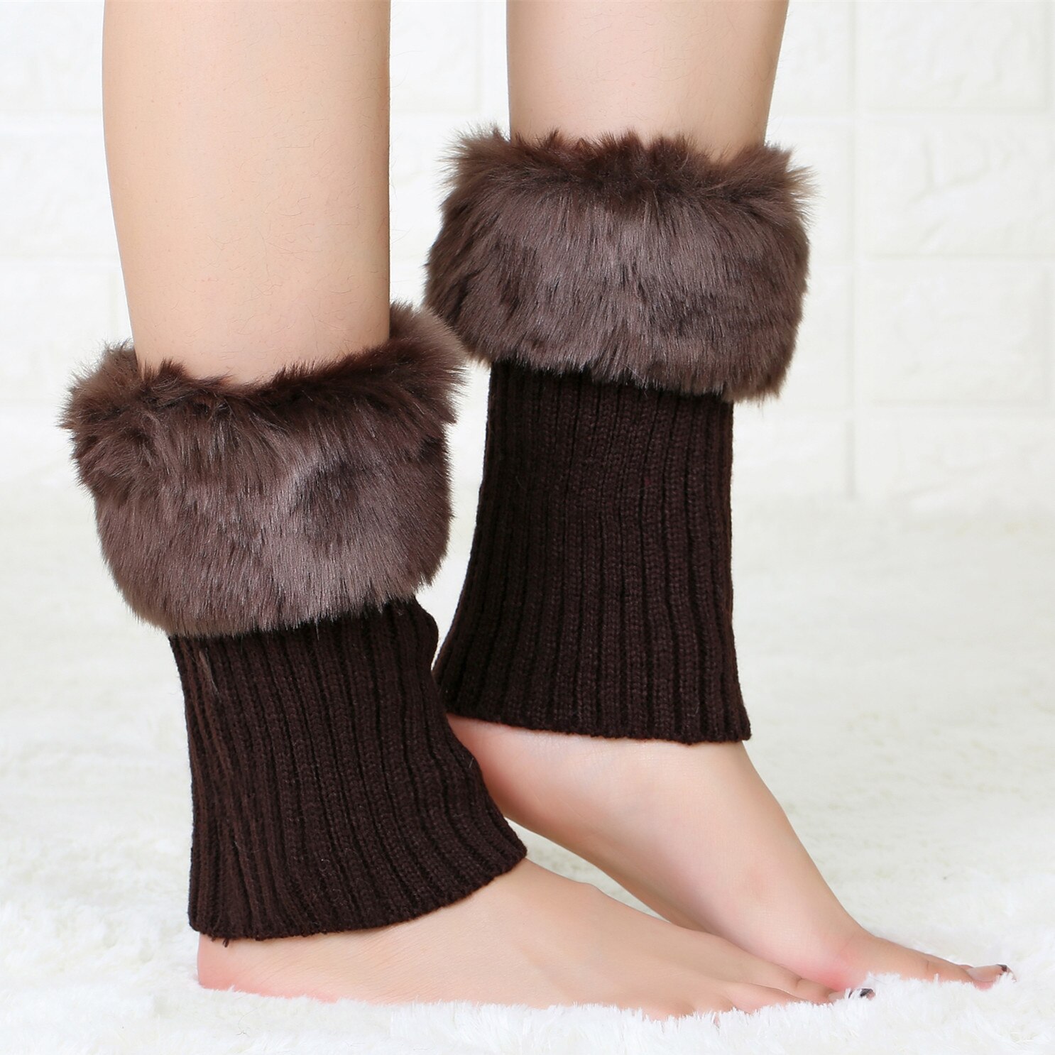 Fluffig päls benvärmare dam för stövlar faux vinter stickad varm damask stickad dam trim manschetter toppers strumpor kvinnligt lår: Kaffe