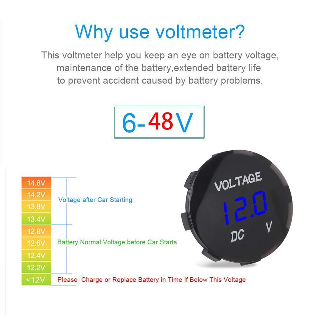 Voltímetro Digital LED de 12 V-24 V 3 dígitos voltímetro de CC voltímetro para moto coche barco ATV UTV remolque, etc.