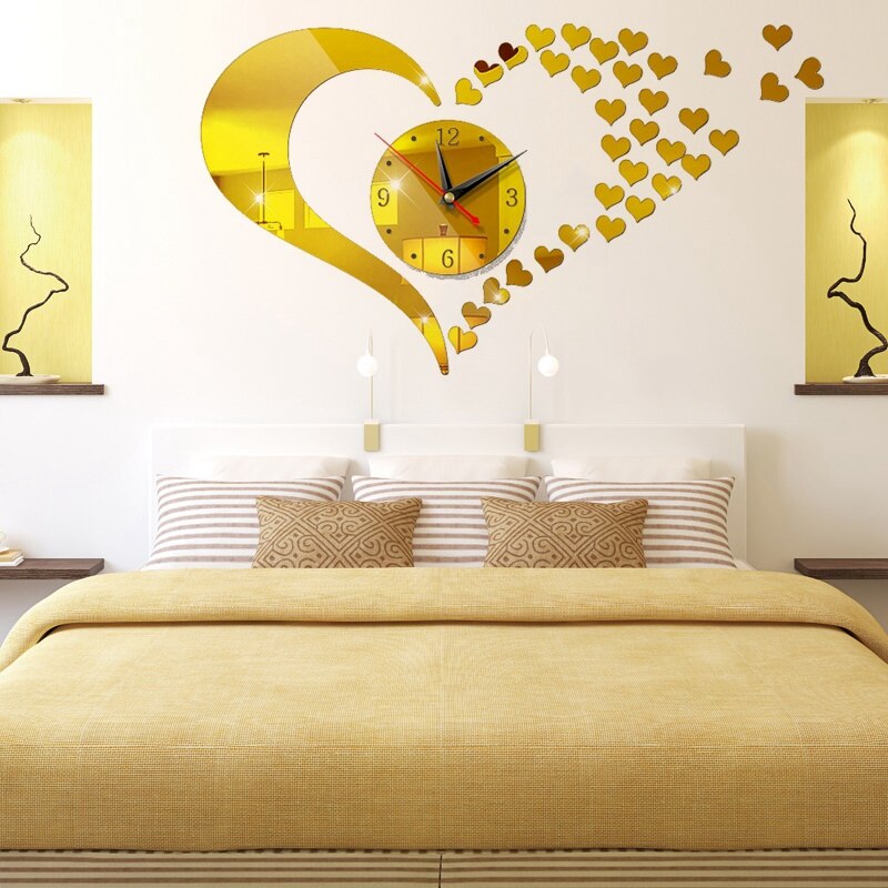 Reloj de pared 3D con forma de corazón, , acrílico, Digital, grande, para sala de estar, pegatinas de espejo, decoración moderna para el hogar