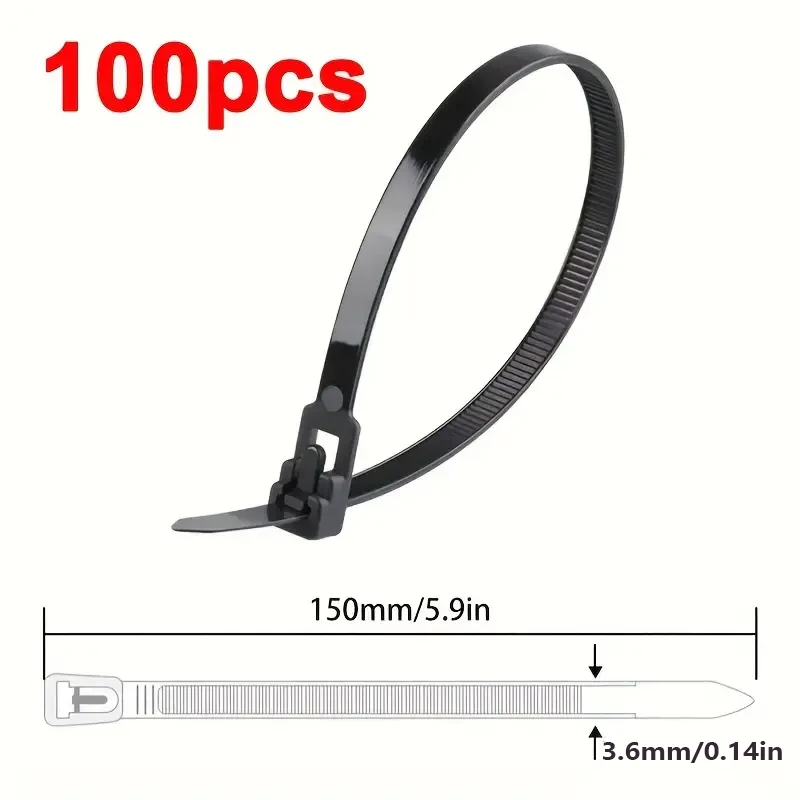 100 Reusable Cable Ties, Cable Lock Loop Nylon Ties Removable, Recyclable, Mixed Colours, Black, White: black