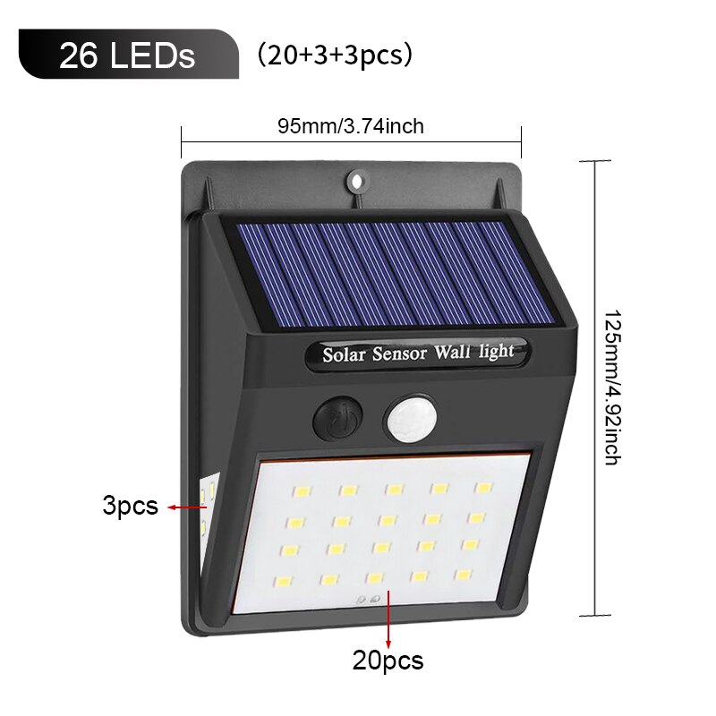 100 led zonne-energie buitenlamp met pir-bewegingssensor, op zonne-energie werkende straatverlichting voor tuindecoratie, 144 waterdichte: 26 leds