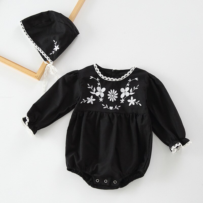 Baby-mädchen herbst langarm-Karosserie mit blumenstickerei, strampler mit mütze, 2- teiliges kleinkinder-einstellen: Schwarz / 9m