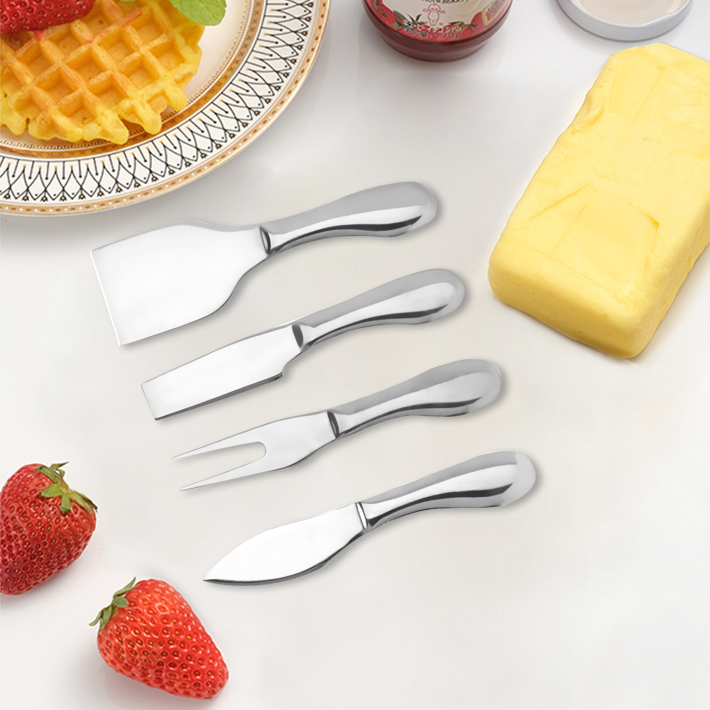 4Pcs Cheese Knife Set Complete Stainless Steel Collection Multi-Use Cheese Knives Slicer Cutter Spreader Fork: sliver