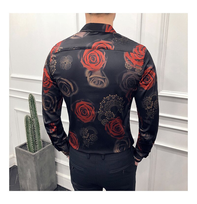 Skjorte med rosetryk herremønster blomstret skjorte herre langærmet slim partyskjorte clube camisa herretøj