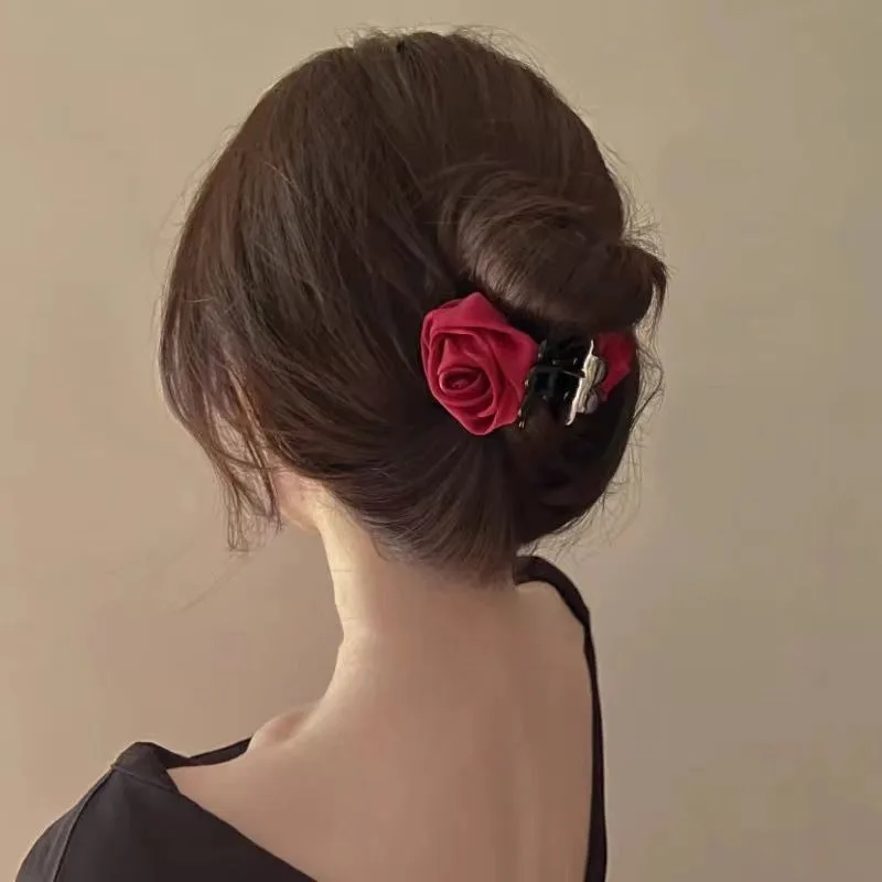 Pinzas en forma de garra para el pelo con flor de Rosa doble francesa para mujeres y niñas, accesorios para el pelo de tiburón hechos a mano de tela sólida satinada Vintage, nuevos