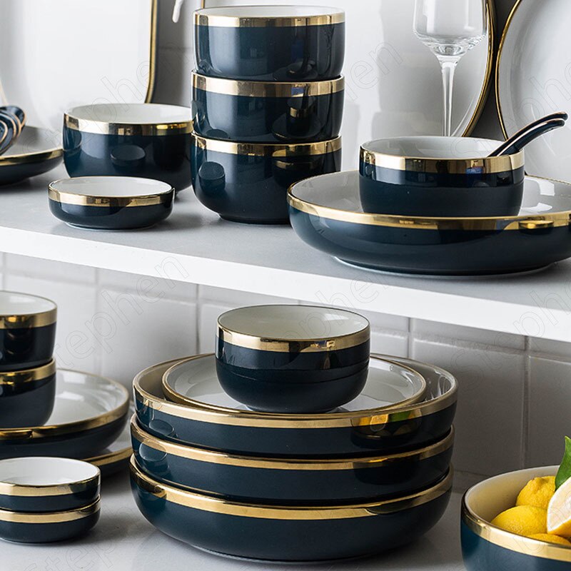 Golden Stroke Ceramic Dinner Set Plates and Dishes Nordic Modern Blue Color Glaze Plates and Bowls Steak Pasta Western Tableware
