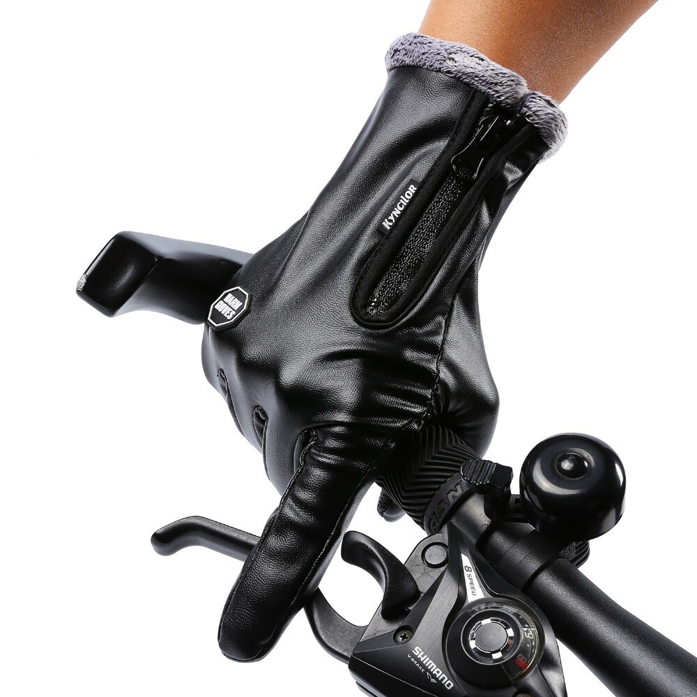Guantes de cuero con pantalla táctil para hombre, resistentes al agua, de terciopelo negro, cálidos, para exteriores, antideslizantes, para Otoño e Invierno