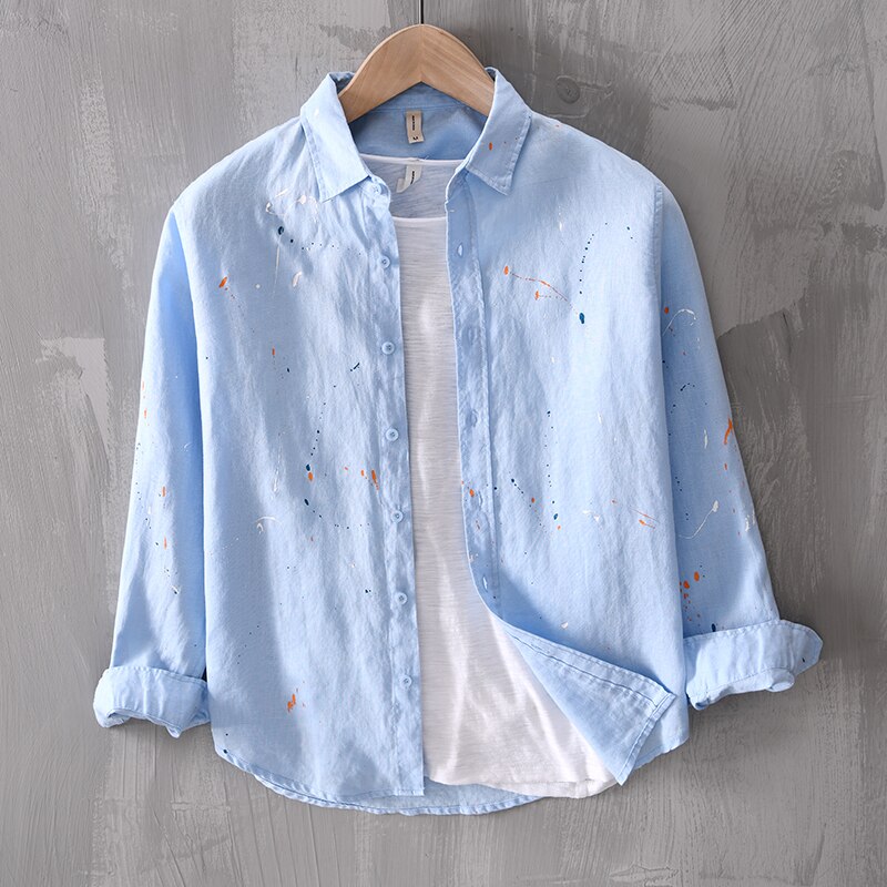Projektant nowy z długim rękawem Casual 100% koszula lniana mężczyźni marka Trend malowanie kolor wygodny Top odzież koszulka Homme Camisas: Sky Blue / XXL (Asian size)