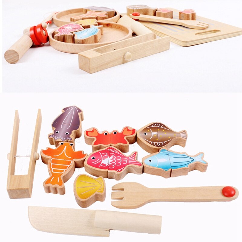 Kids Wooden netic Fishing Toys Multifunctional Fish Cutting Educational Toys Kitchen Fishing Game Pretend Playset