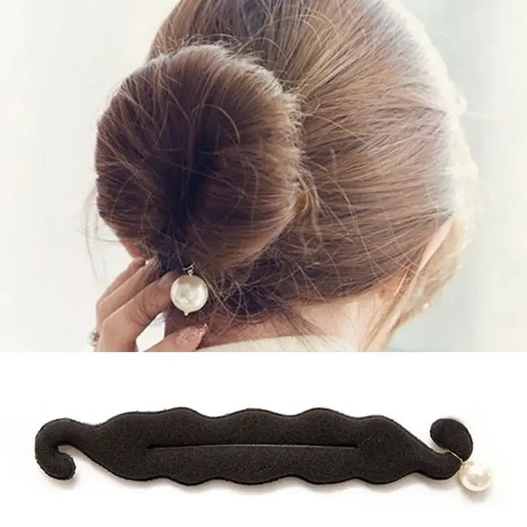 Accesorios de peinado para moño simple para mujer, herramienta para el cabello con cabeza de bola para trenzar el cabello, palo para el cabello de esponja, anillo para el cabello con perlas, accesorios para el cabello: Gris claro