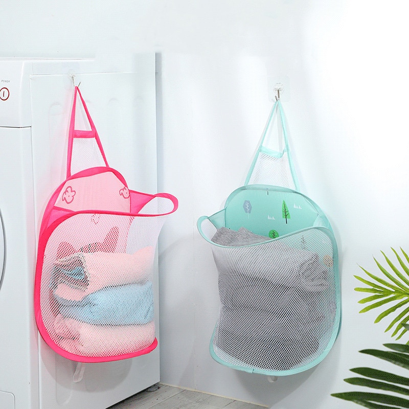 Wall Hanging Mesh Laundry Basket Large Capacity Dirty Clothes Hamper Foldable Laundry Bag Multifunction Portable Storage Baskets