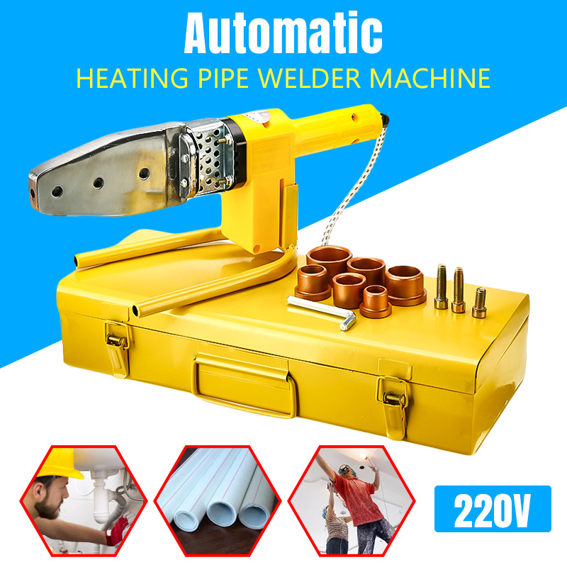 220V 8Pcs Automatic Electric Welding Tool Heating PPR PE PP Tube Welded Pipe Welding Machine+ Heads+ Stand+Box Yellow