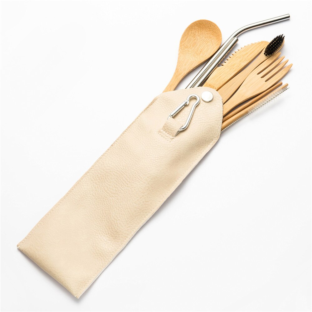 10 stuks Herbruikbare Bamboe Bestek Set Draagbare Servies Houten Bestek Vork Lepel Mes Set met Bestek Tas voor Travel Dinning set