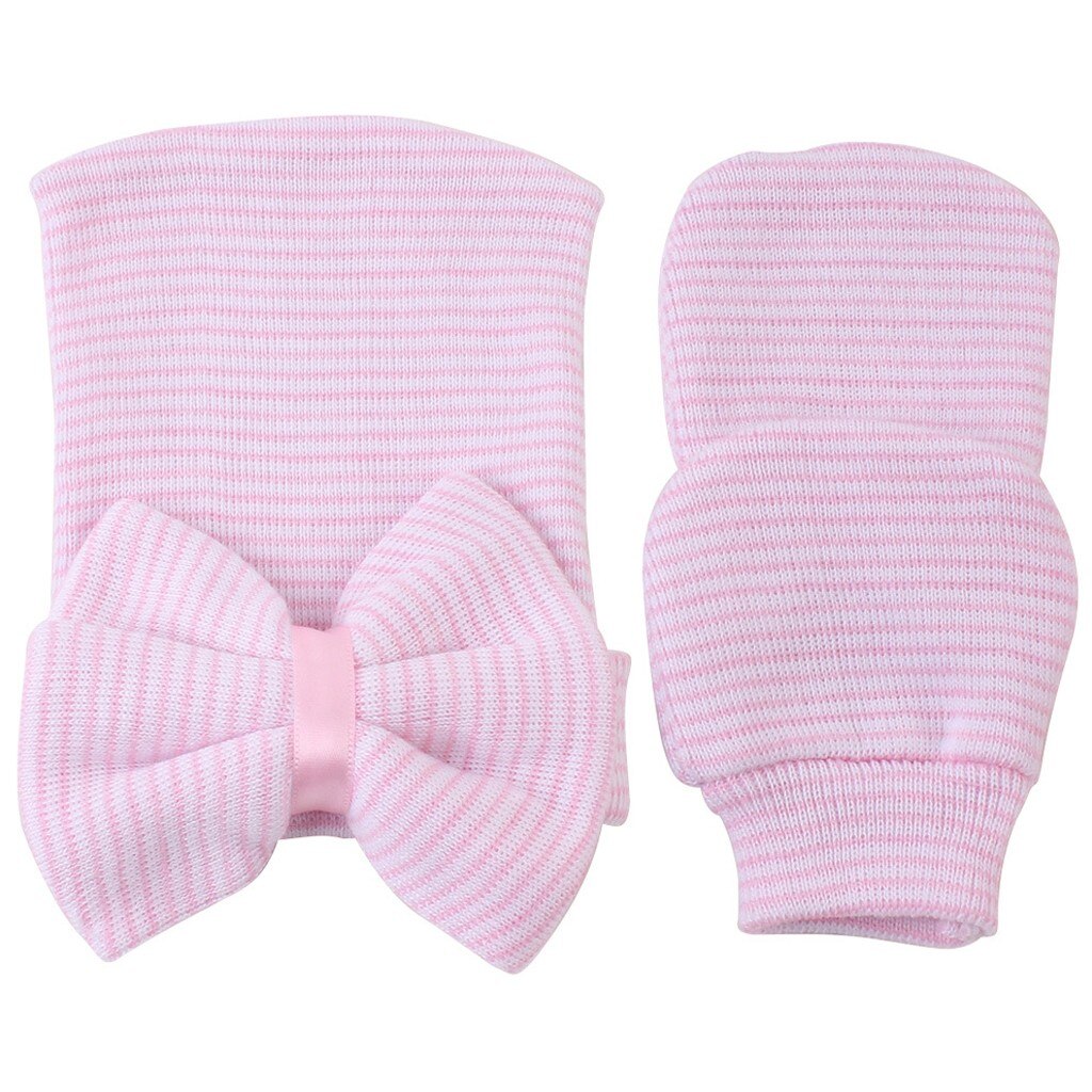 2pcs Boys Winter Hat Glove Newborn Bowknot Stripe Hat Baby Cotton Blend Beanies With 1pair Safety Gloves Теплая Шапка На Девочку