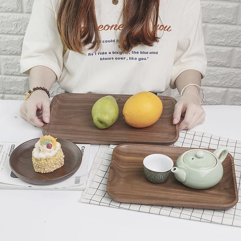 Rectangle Black Walnut Wood Plate candy Fruit Dishes Saucer Dessert Dinner Bread Pizza Food Storage Tray Round Shape Plate