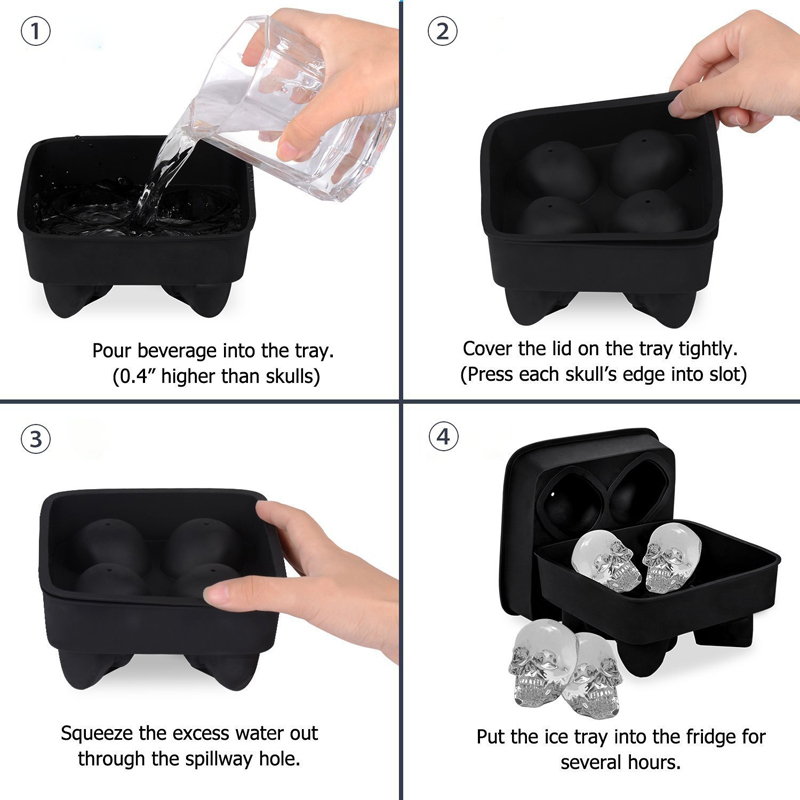 Walfos 1pc butikk isterningsbrett pudding formen 3d skalle silikon 4- hulrom diy ismaskin husholdningsbruk