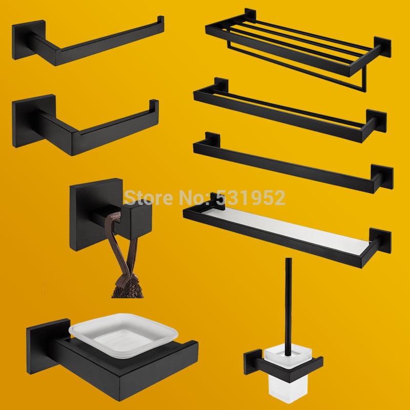 Black Matte Bathroom Accessories Tissue Paper Holder Towel Rail Rack Toilet Brush Holder Toothbrush Holder Toilet Brush Holder