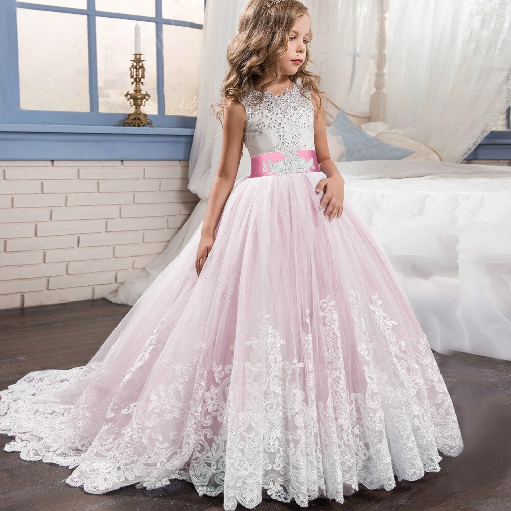 Princesse filles robe jupe enfants Noble montre robe à manches longues un mot épaule traînant jupes