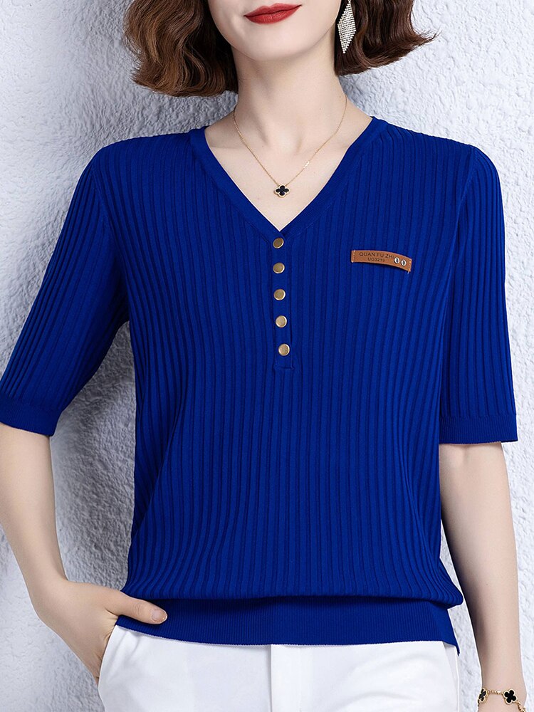 Yisu Zomer Vrouwen Trui V-hals Effen Kleur Tops Korte Mouw Losse Vrouwelijke Casual Gebreide Trui Vrouwen Kleding 2022: Royal Blue / M