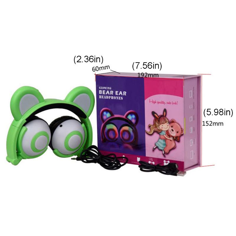 Cute Bear Ears Headset Adjustable Head-mounted LED Light Headphones Foldable Rechargeable Music Boys Girls Earphones