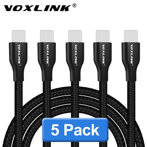 VOXLINK – lot de 5 câbles USB tressés en Nylon pour iphone X XS XR, charge rapide, synchronisation des données 2,4 a, pour iphone xs max 8Plus 7 6s ipad mini: Black 5pcs cable / 2m