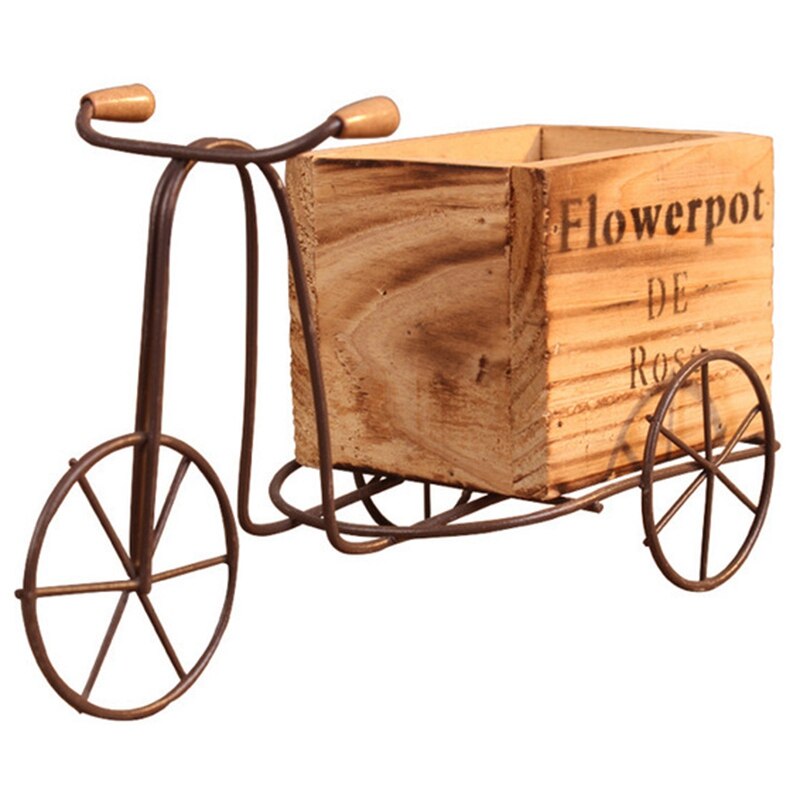 Triciclo de madera modelo maceta de hierro forjado bicicleta flor soporte interior almacenamiento estante hogar jardín escritorio decoración artesanías: Default Title