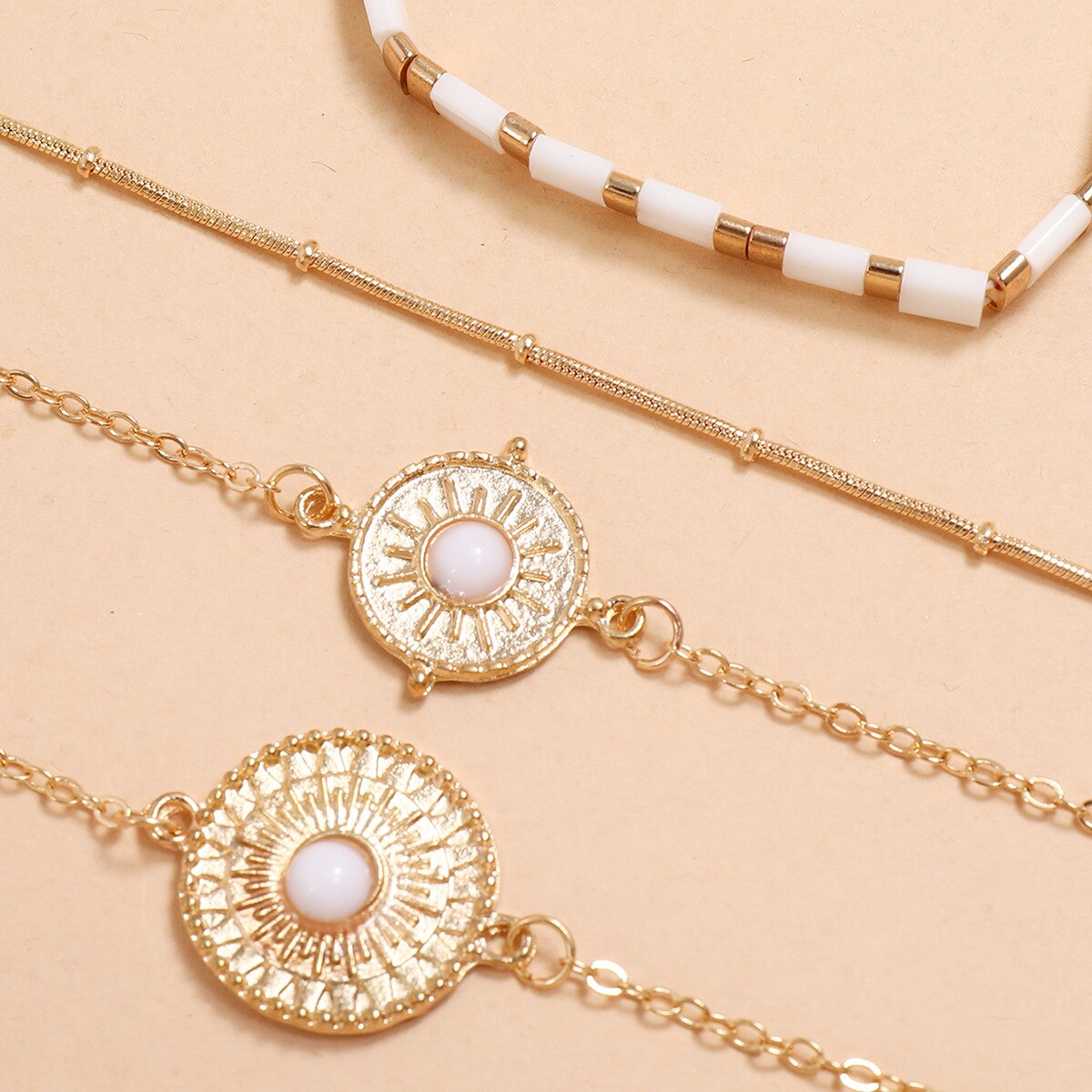 jewelry with gold resin rhinestone sun flower clip bead chain white square elastic bracelet 4 piece set
