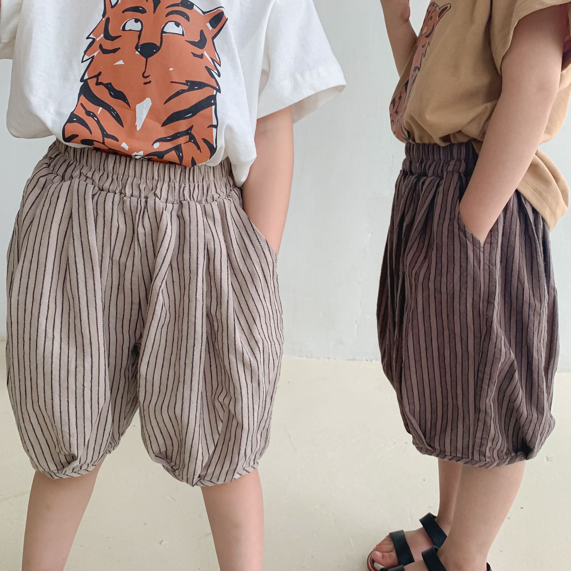Pantalones cortos de verano para niños, pantalón corto a rayas, holgado, informal, de algodón, combina con todo, L