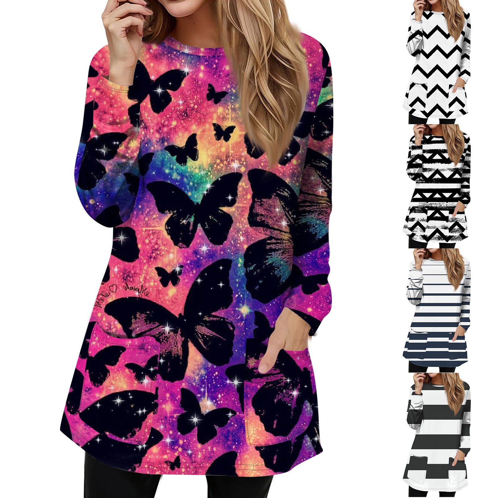 Women's Shirt Clothing Loose Round Neck T-shirt Chic Print Shirt Ladies Casual Blouses Long Sleeve Top