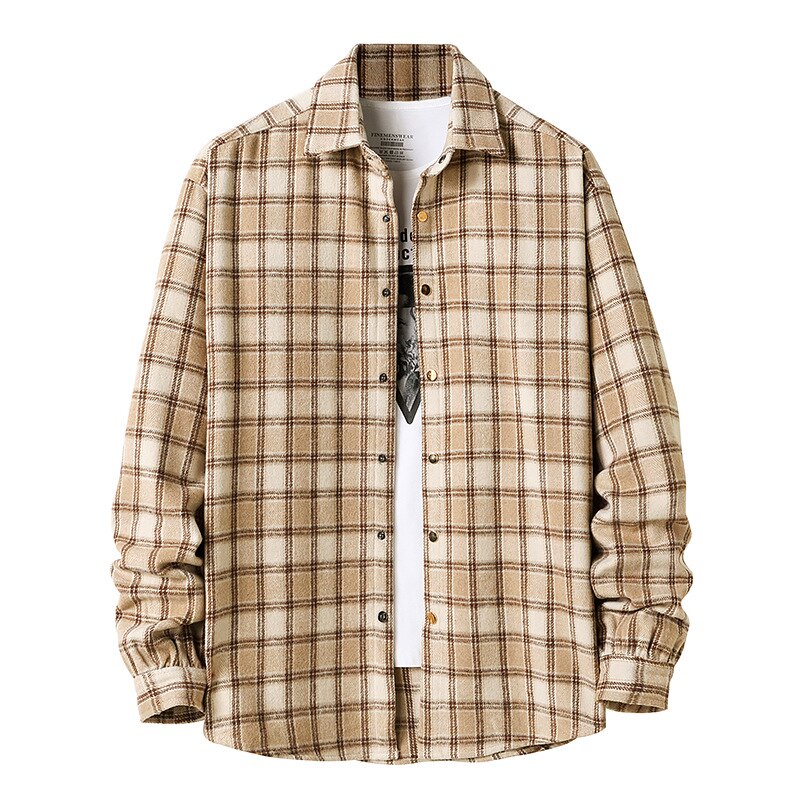 Men Flannel plaid shirt men's Casual Long Sleeve Shirt Soft Comfort Slim Fit Styles Brand Man Plus Size: Khaki / XXL