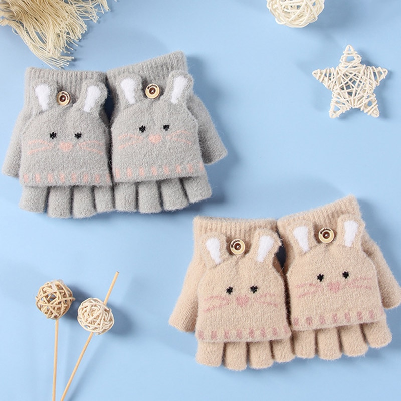Gants doux tricotés avec des animaux de dessin animé pour bébés, pour filles et garçons, à rabat, mitaines chaudes sans doigts pour enfants, automne et hiver